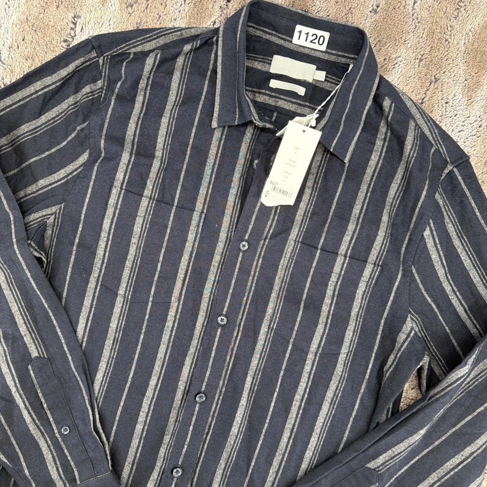 NWT Vince Classic Fit Men's Striped Flannel Size M Coastal Navy Blue Gray Casual